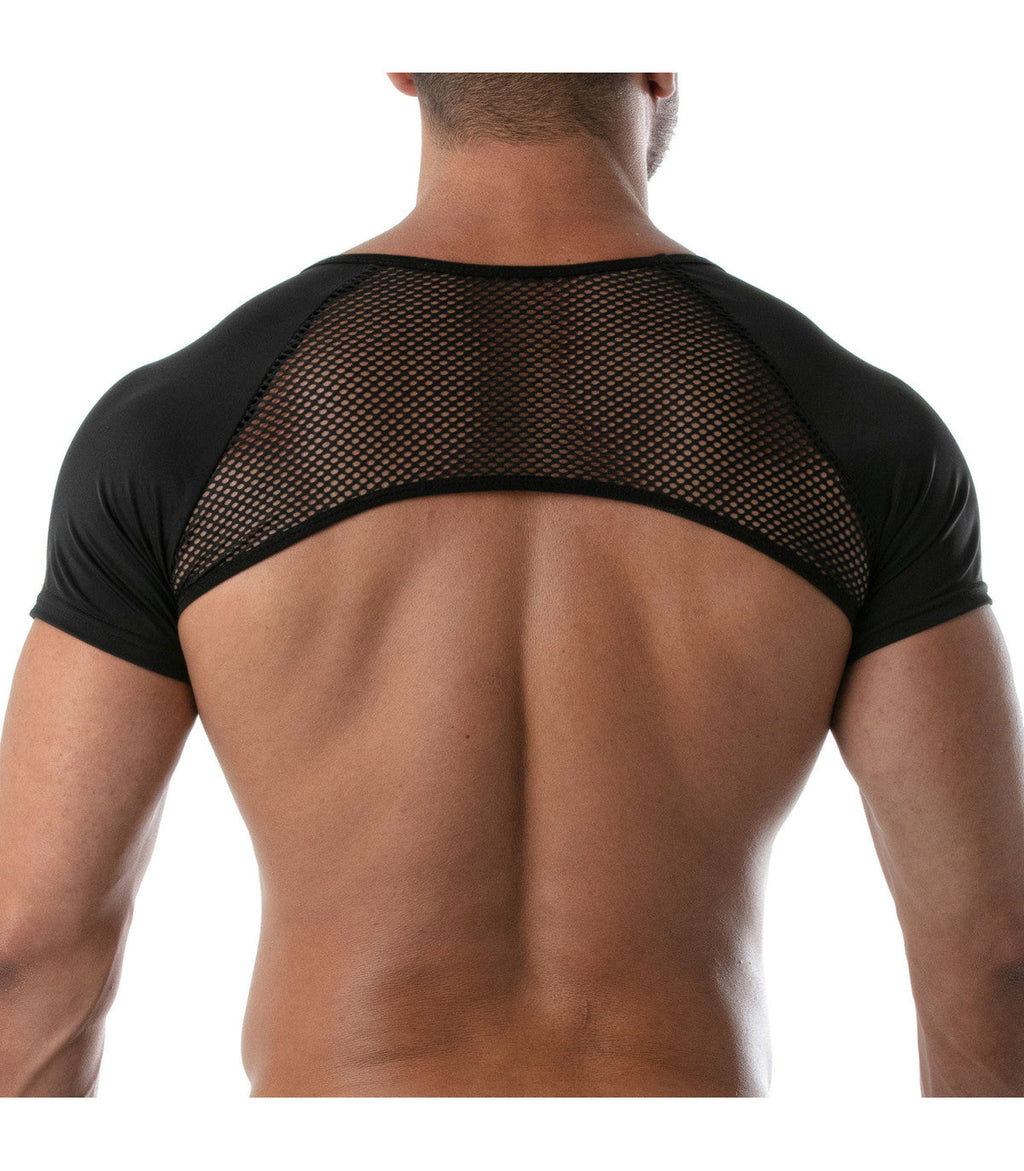 Black circuit mesh full harness short sleeve top with mesh shoulder panels and solid fabric sleeves and neckline