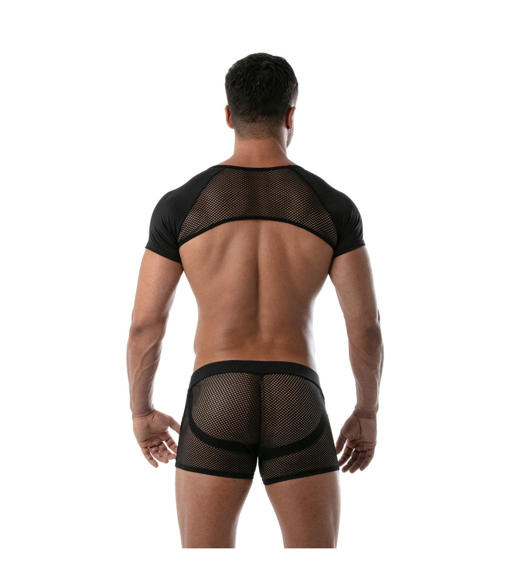 Black mesh two-piece men’s underwear set with short sleeves and briefs from circuit mesh full harness collection
