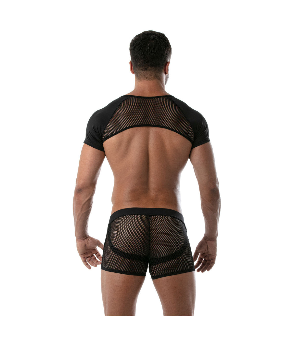 Black mesh two-piece men’s underwear set with short sleeves and briefs from circuit mesh full harness collection