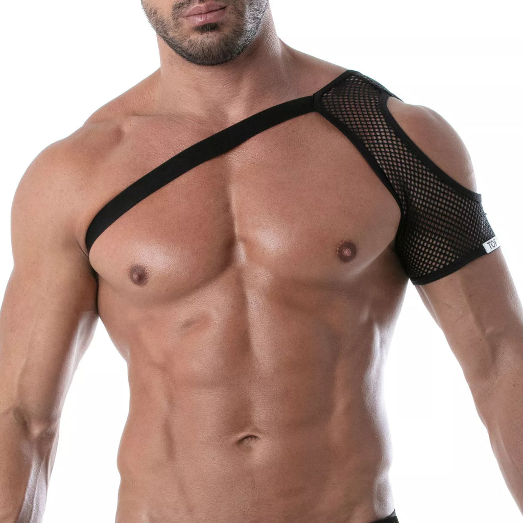 Black mesh shoulder harness with a solid black strap designed for support and comfort during use
