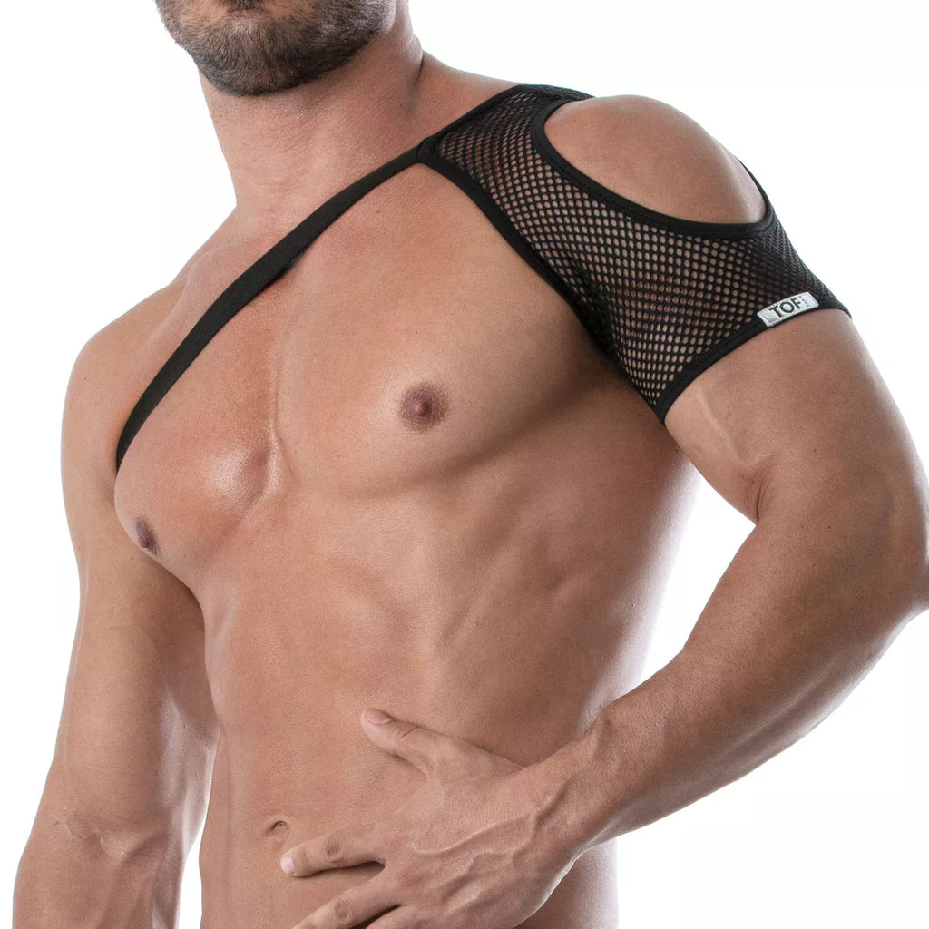 Black mesh shoulder harness with cutout shoulders and reinforced straps shown from the back side