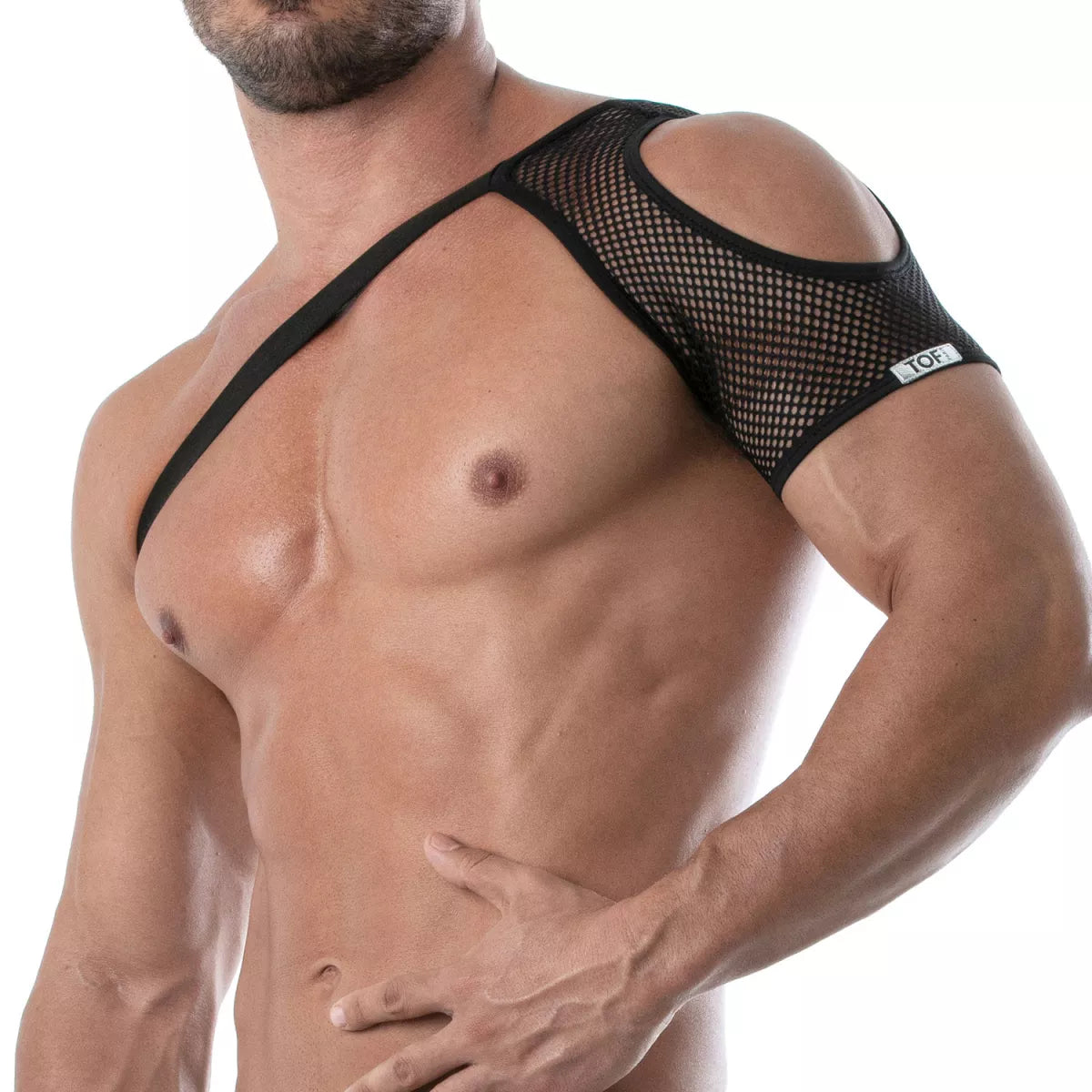Black mesh shoulder harness with cutout shoulders and reinforced straps shown from the back side