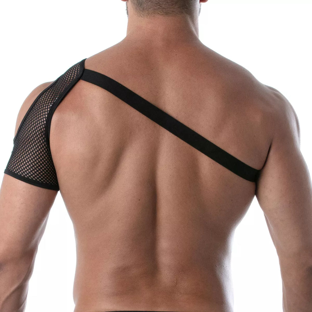 Black mesh shoulder harness with solid strap showing breathable support and adjustable fit