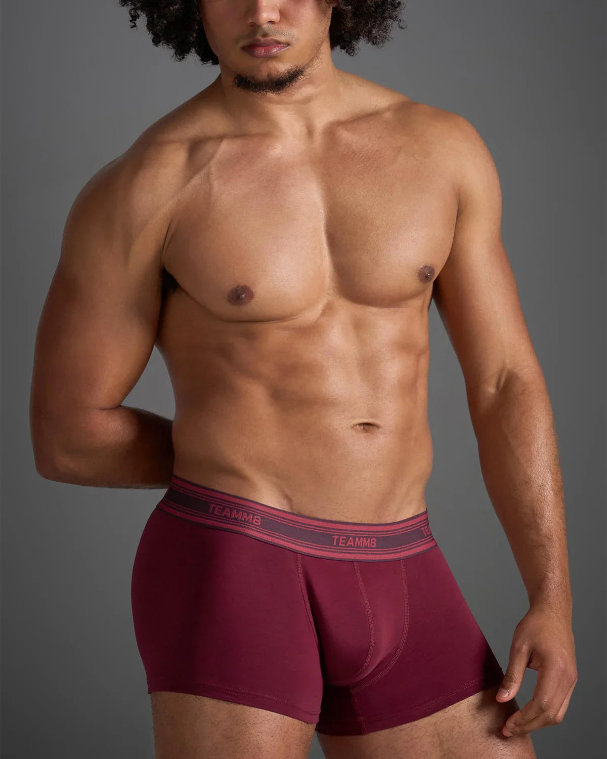 Classic cotton trunk maroon boxer briefs with a pink and gray elastic waistband featuring the teammb logo