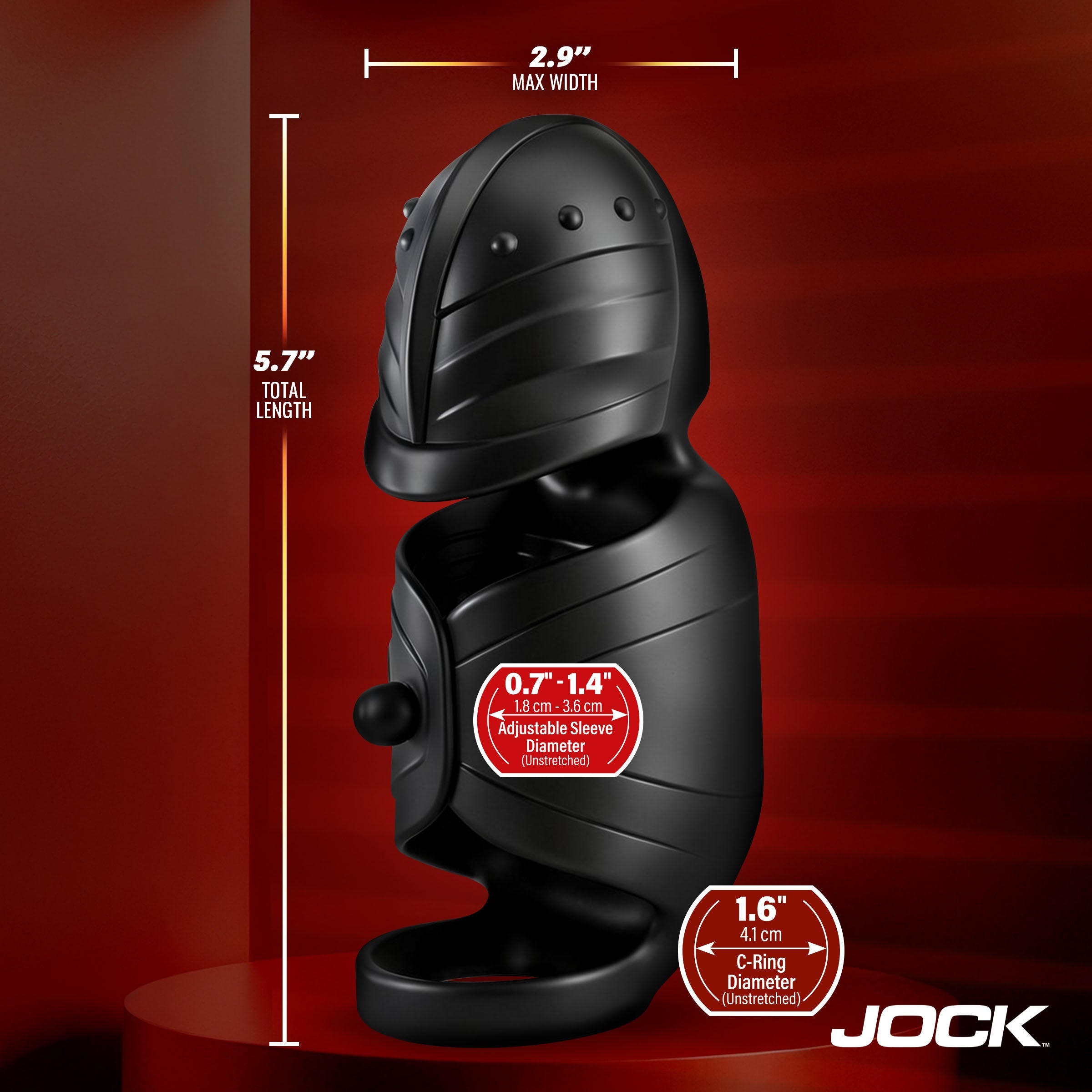 Jock Helmet Humper black silicone masturbator with helmet-style top and adjustable dimensions against a red background.