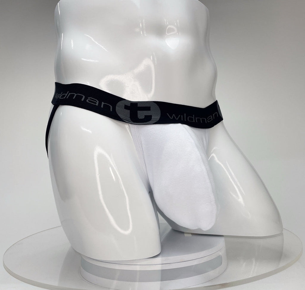 White jockstrap with a large front pouch and a black branded elastic waistband on a white mannequin torso.