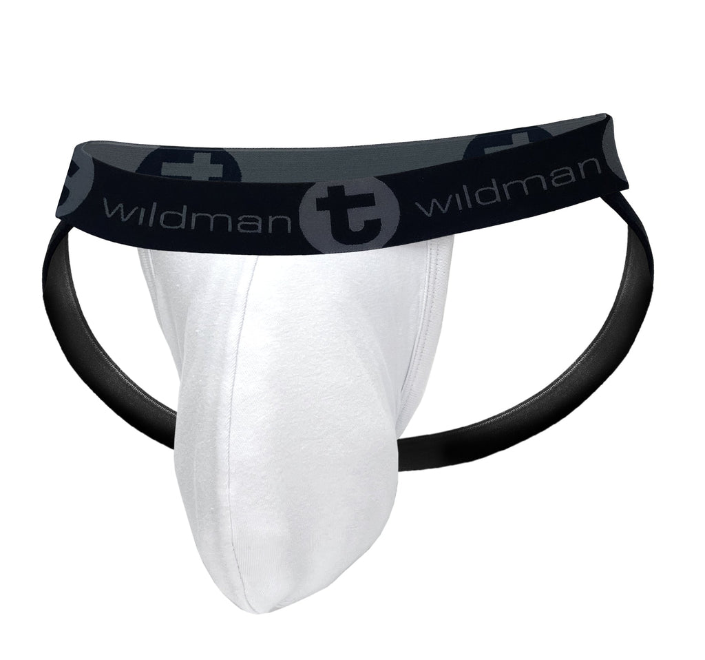 White jockstrap with a large pouch, featuring a black waistband with WildmanT logo branding and black leg straps.