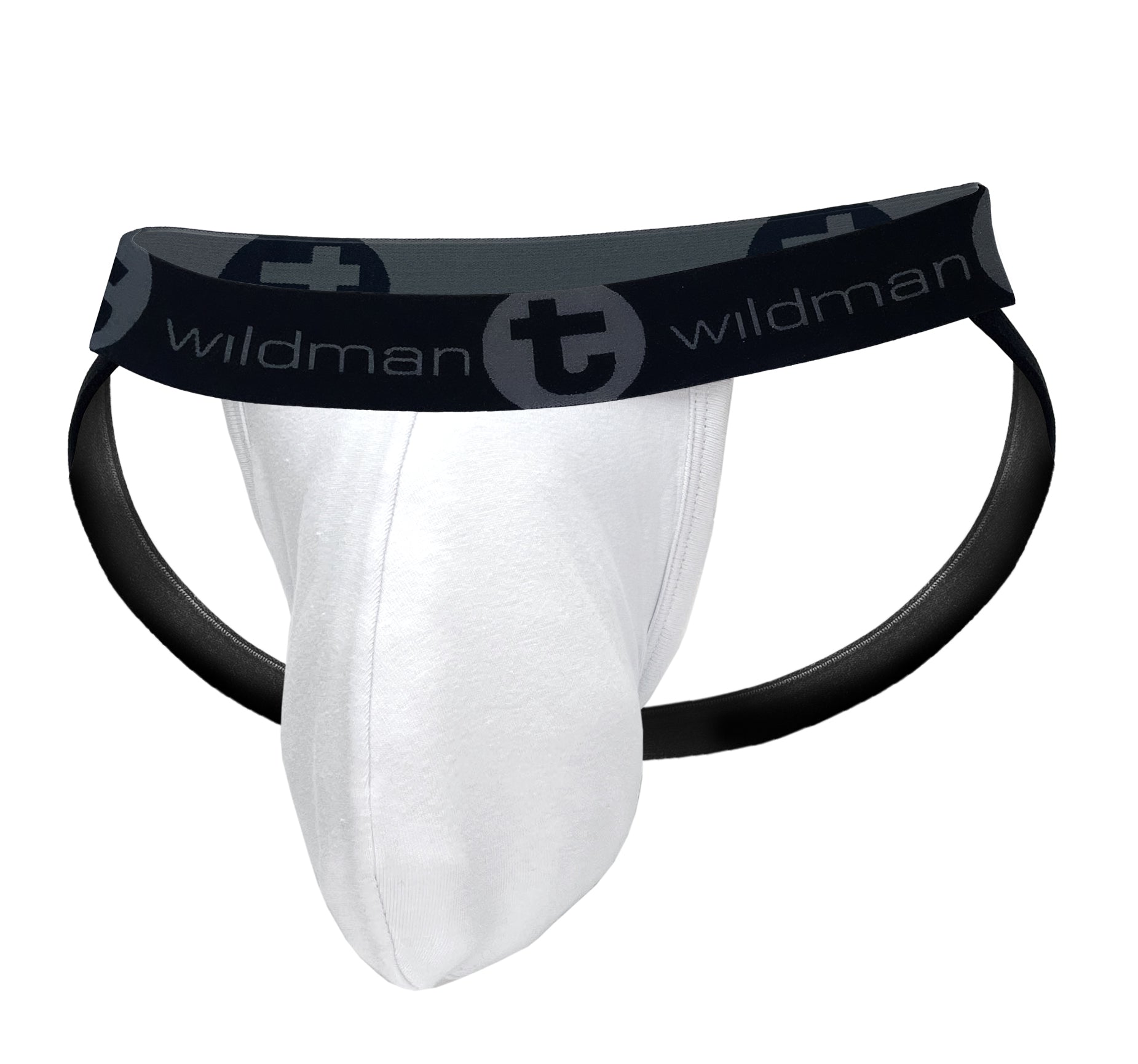 White jockstrap with a large pouch, featuring a black waistband with WildmanT logo branding and black leg straps.