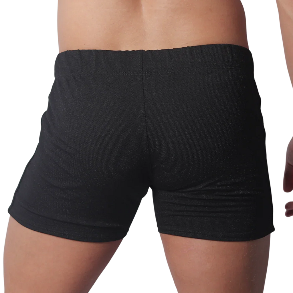 Back view of black form-fitting athletic shorts with a textured fabric and elastic waistband.