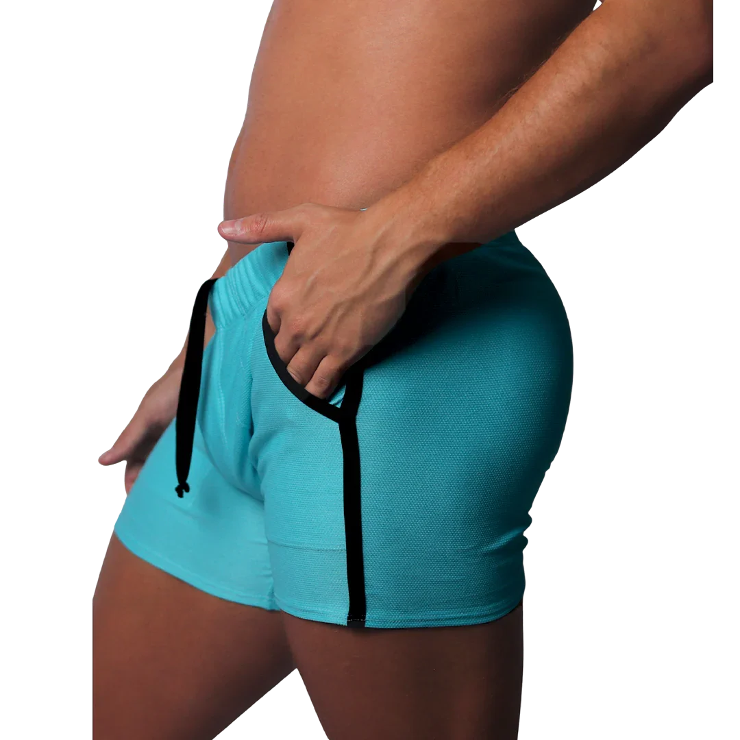 Bright blue athletic short with black side piping, textured mesh fabric, and an elastic waistband.