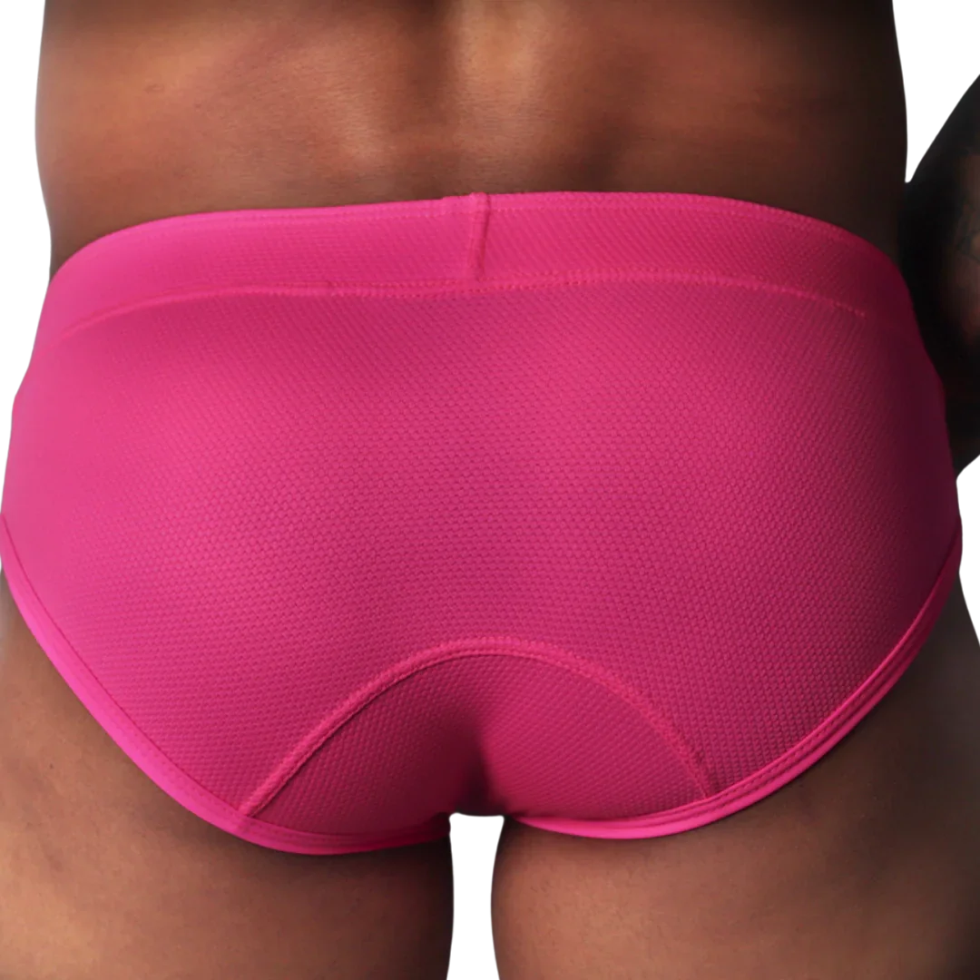 Fuchsia-colored briefs in a textured, honeycomb-patterned fabric with a contoured back seam.