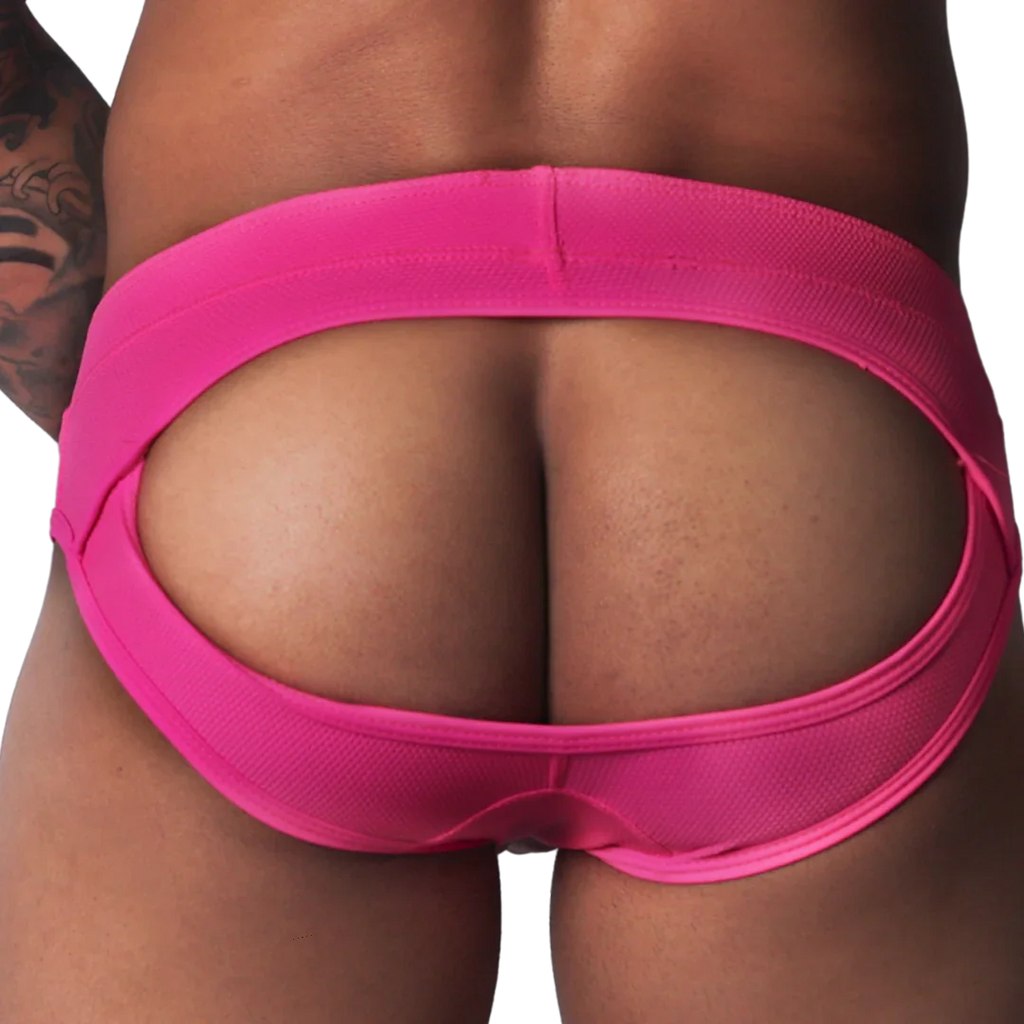 Fuchsia-colored jockstrap made of textured fabric, featuring a wide, open-back cutout design.