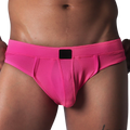 Fuchsia textured mesh jockstrap brief with a wide waistband and a central black logo patch.