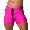 Fuchsia athletic mesh shorts with a black elastic waistband, black drawstrings, and black side trim.