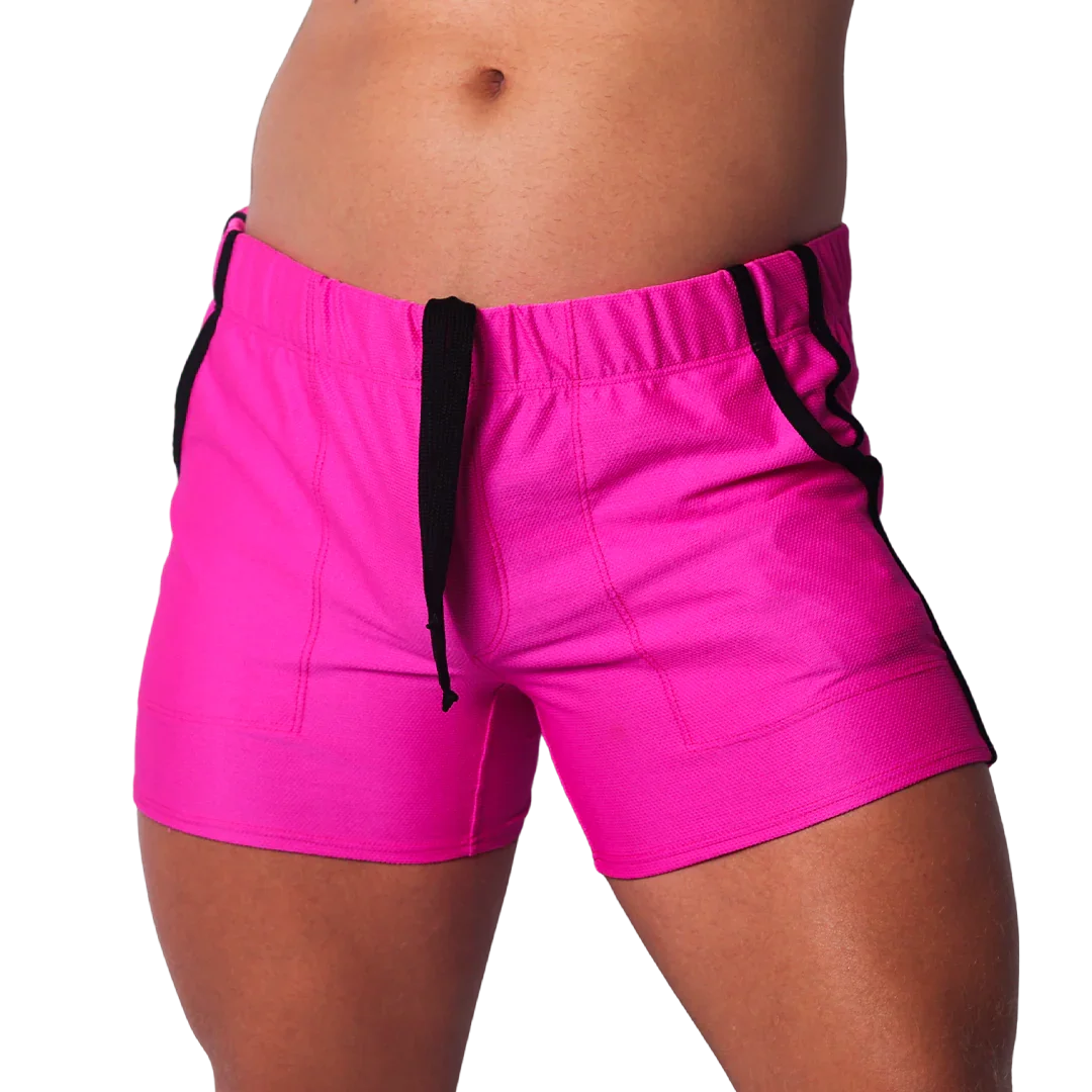 Fuchsia athletic mesh shorts with a black elastic waistband, black drawstrings, and black side trim.
