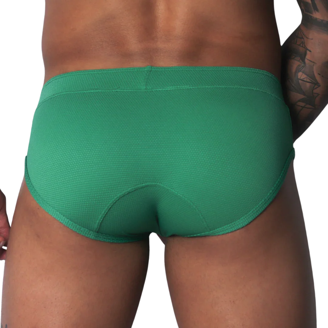 Green textured microfiber brief with a contoured back seam, shown from behind.