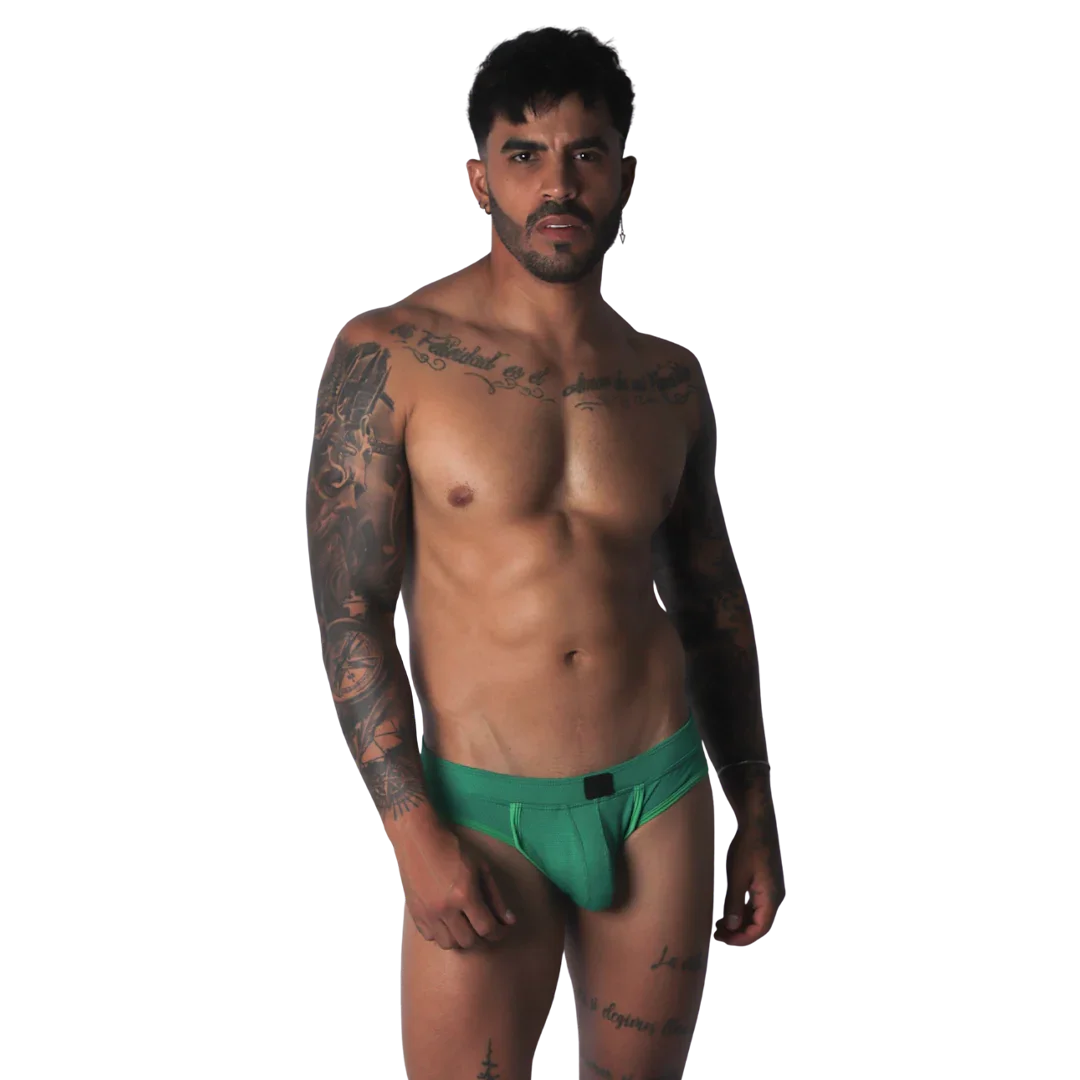 Bright green jockstrap with a contoured pouch, elastic waistband, and minimal coverage back design.