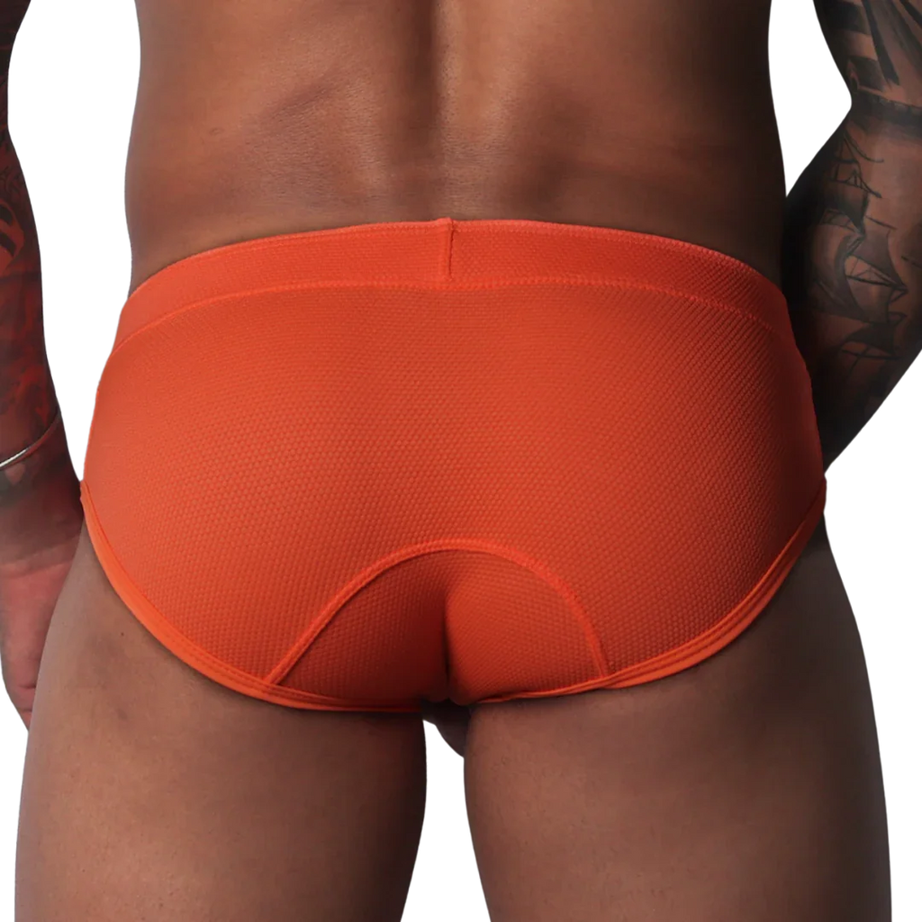 Bright orange, textured athletic brief with a wide waistband and contoured back panel seams.