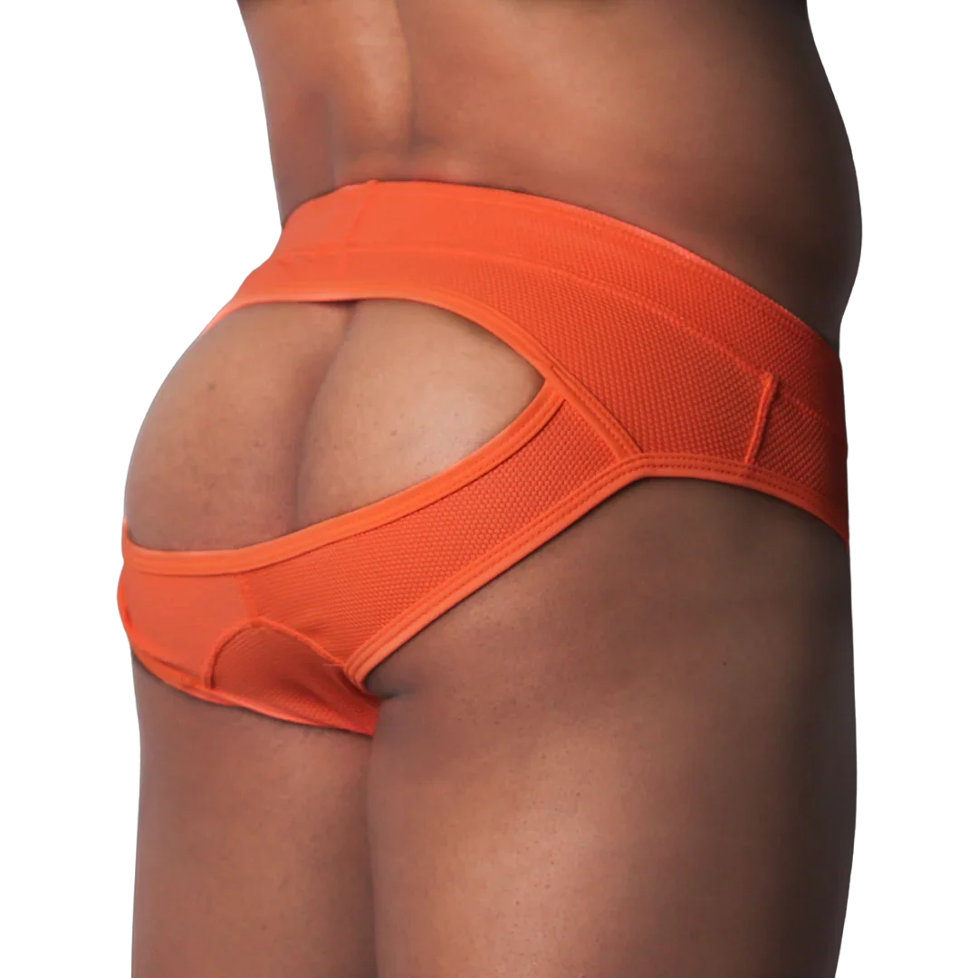 Bright orange jockstrap in textured athletic mesh with a wide waistband and an open-back design.