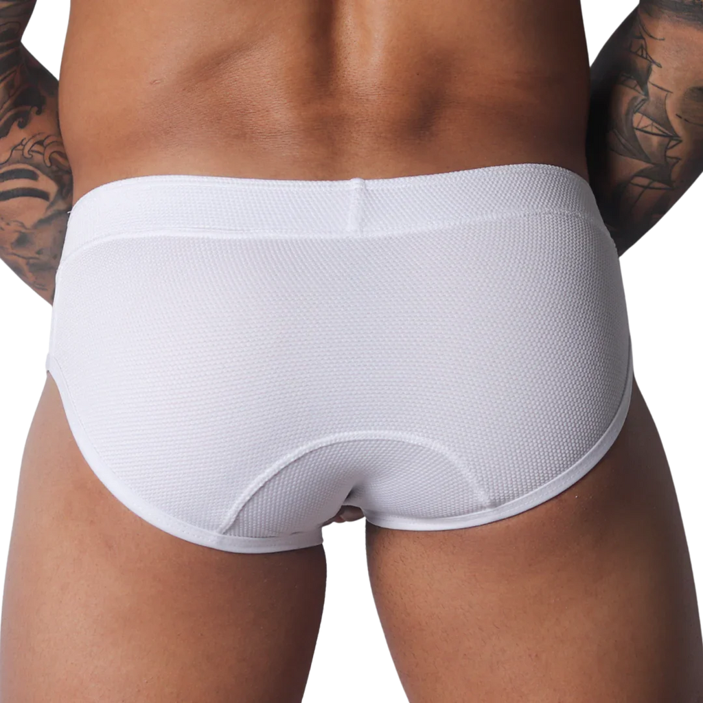 White textured mesh brief with a wide waistband and stitched rear panel detail.