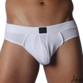 White mesh jockstrap with a textured finish, thick waistband, and a centered black Gigo logo patch.