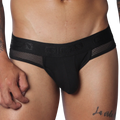 Black jockstrap with a branded elastic waistband, sheer mesh side panels, and a contour pouch.