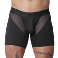 Black men's trunk with mesh panels, ribbed fabric, and a branded elastic waistband.