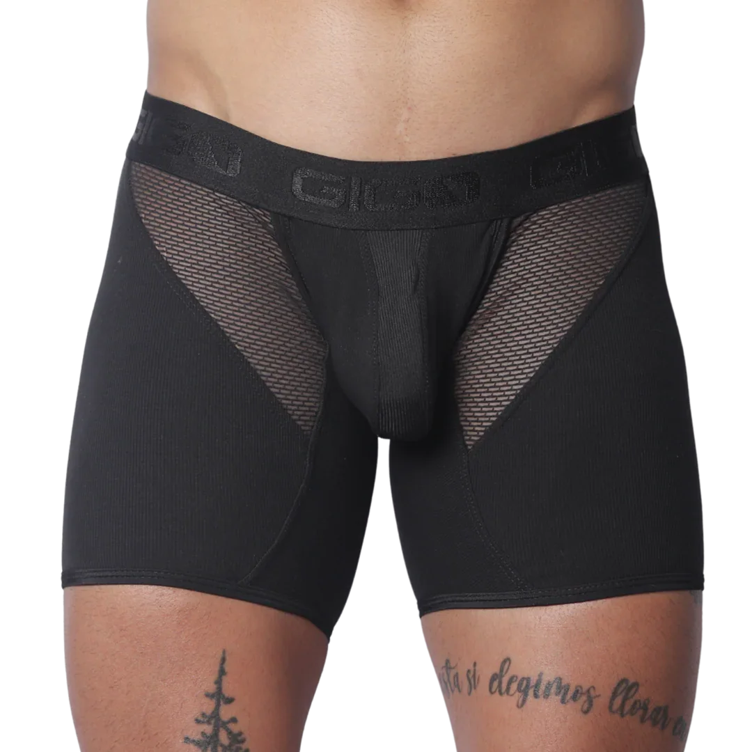 Black men's trunk with mesh panels, ribbed fabric, and a branded elastic waistband.