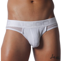 White ribbed jockstrap with breathable mesh side panels and a wide elastic waistband featuring the Gigo logo.