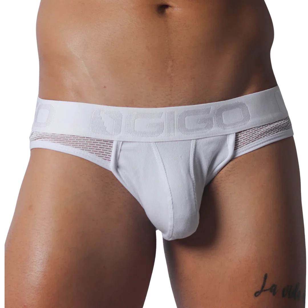 White ribbed jockstrap with breathable mesh side panels and a wide elastic waistband featuring the Gigo logo.