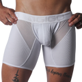 White Gigo trunk in ribbed material with sheer mesh side panels and a branded elastic waistband.