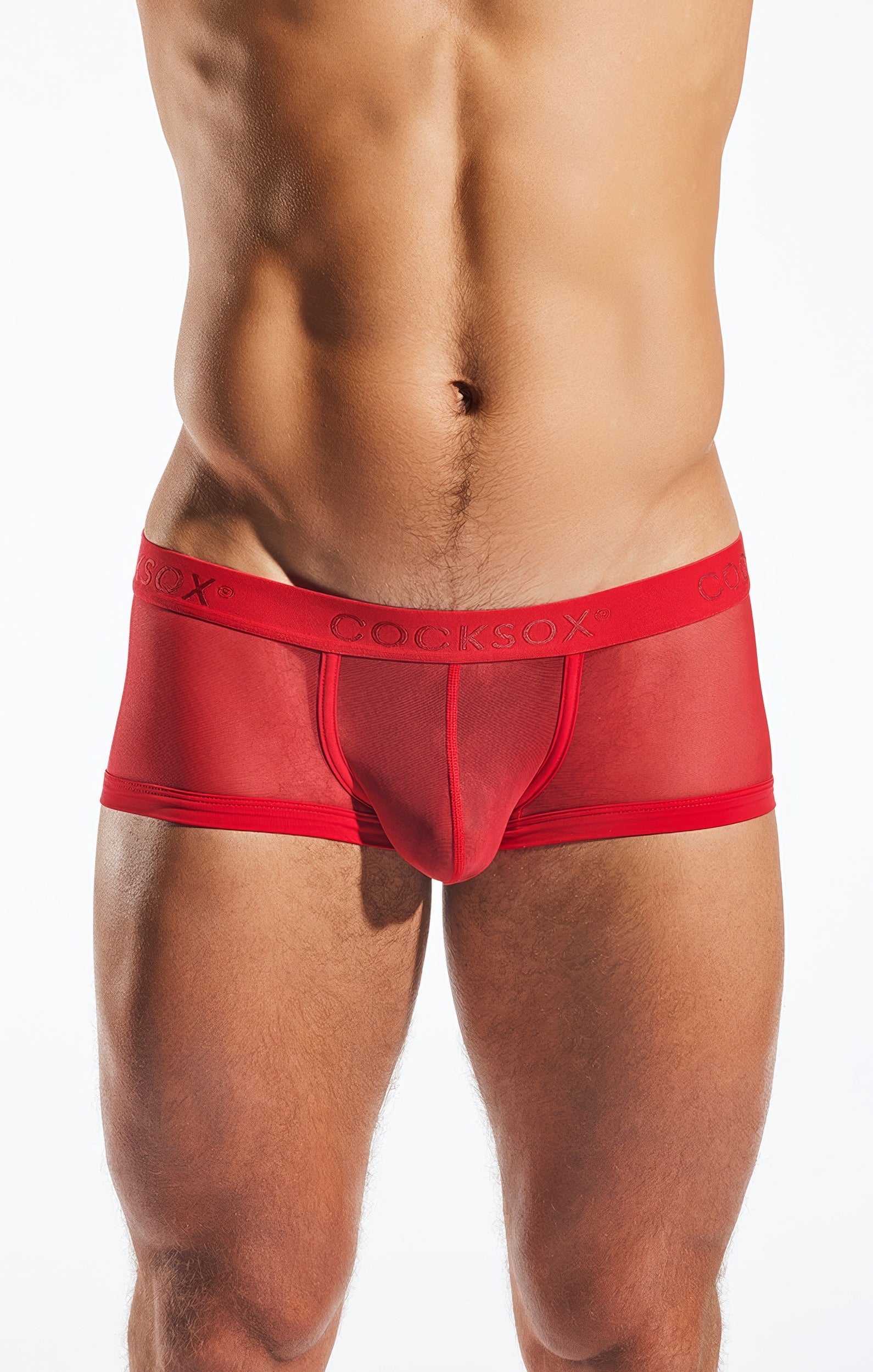 Red mesh briefs with a solid red waistband featuring the cooksox brand name in the CX68ME mesh trunk product