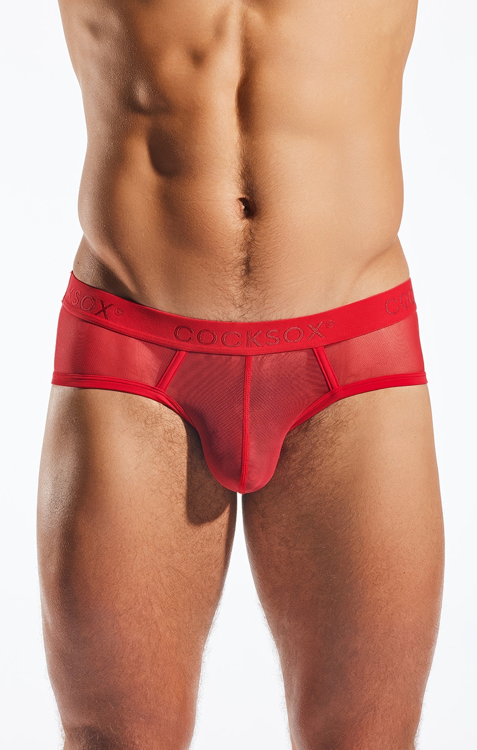 Red cocksox cx76me mesh sports brief in red with a solid red waistband made of breathable mesh fabric