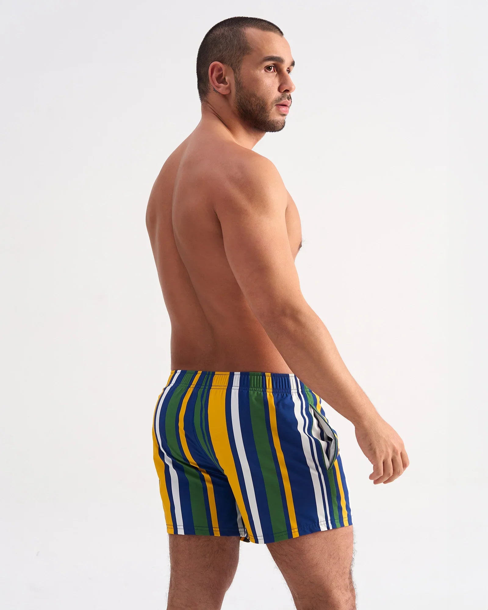 Men’s cabana swim short with bold vertical stripes in blue green yellow and white perfect for beachwear