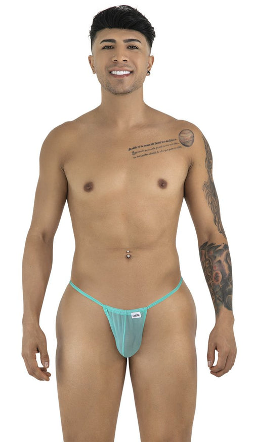 Teal mesh thong g-string with a small white CandyMan brand tag in aqua mesh material front view