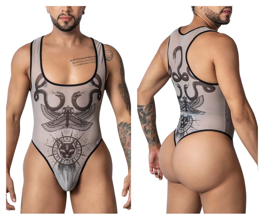CandyMan 99869 gray mesh one-piece bodysuit with black inked serpent winged beetle and zodiac cat designs color nude-black