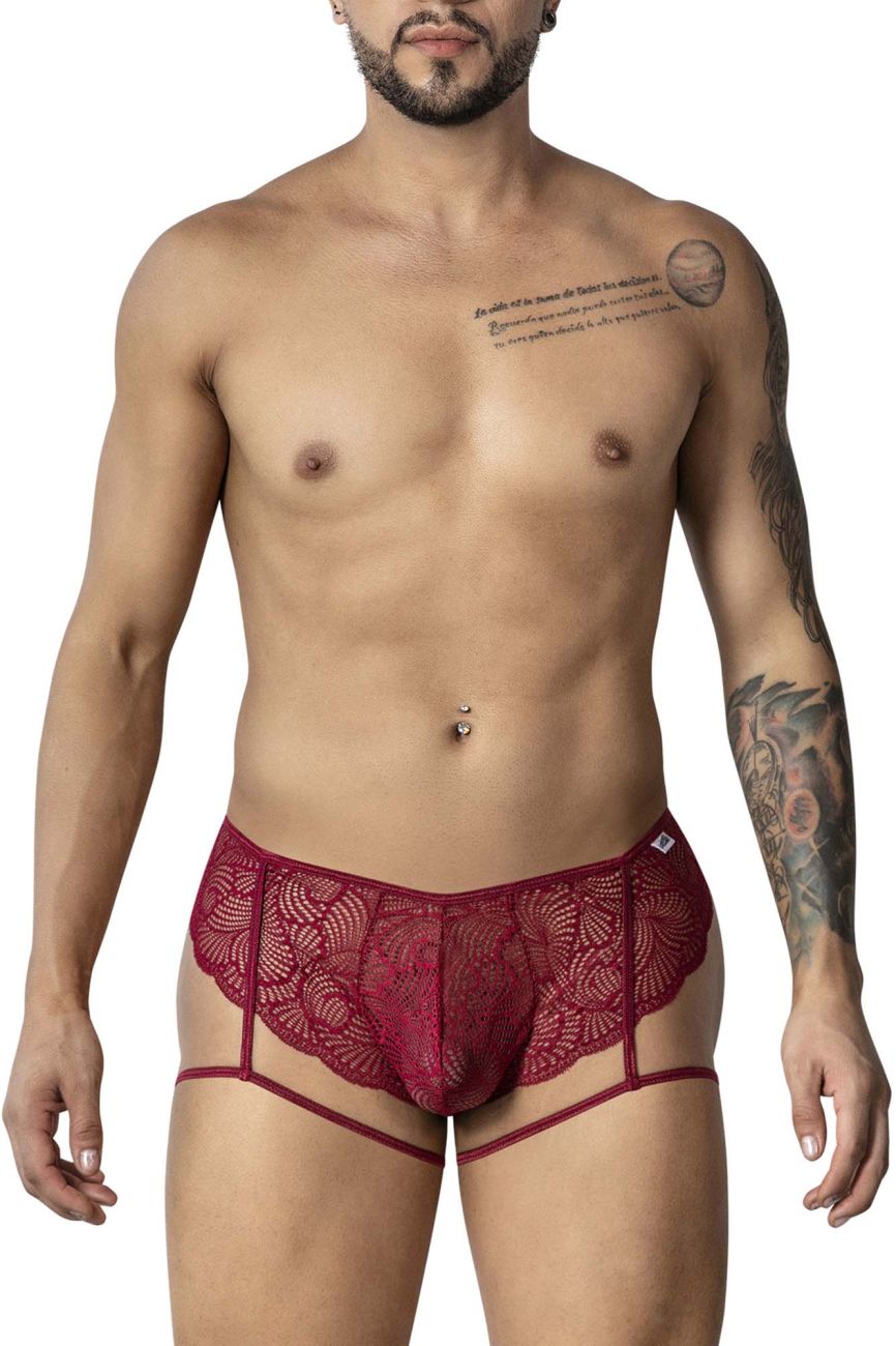 CandyMan 99905 garter lace briefs in burgundy featuring red lace with floral patterns and supportive side straps