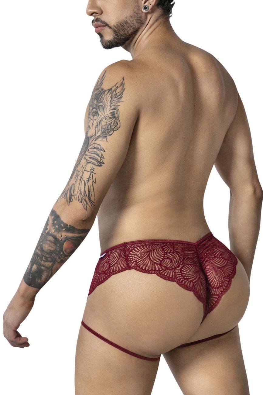 CandyMan 99905 burgundy garter lace briefs in red lace thong with intricate floral patterns and sheer design
