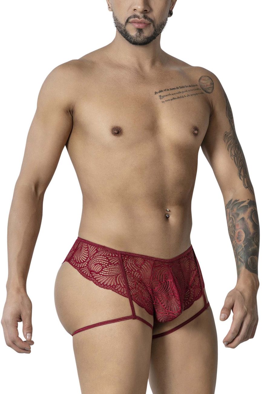 Burgundy CandyMan 99905 garter lace briefs men’s underwear with sheer patterned design and thin straps