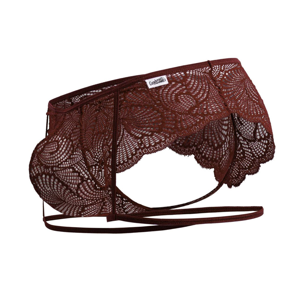 CandyMan 99905 garter lace briefs in burgundy featuring maroon floral lace and scalloped edges for men