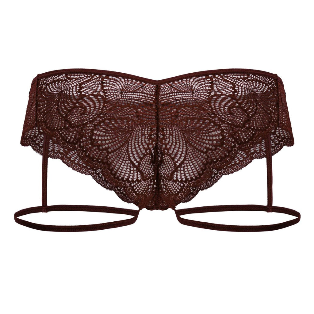 A dark burgundy lace bikini top with intricate floral patterns and thin adjustable straps from candyman 99905 garter briefs