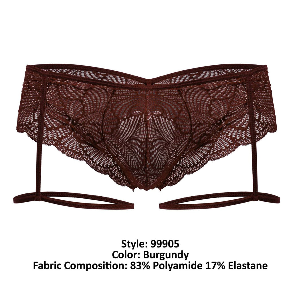 Burgundy lace garter belt candy man 99905 with intricate floral patterns and matching elastic straps