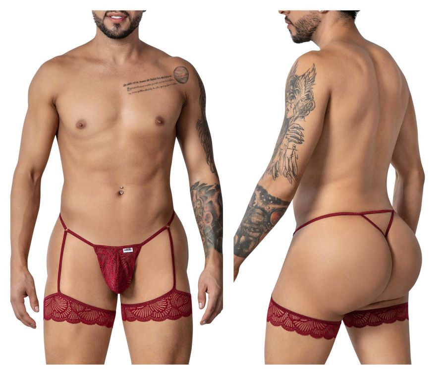 Burgundy CandyMan 99906 garter lace thong set with red lace garter belt and decorative scalloped edges