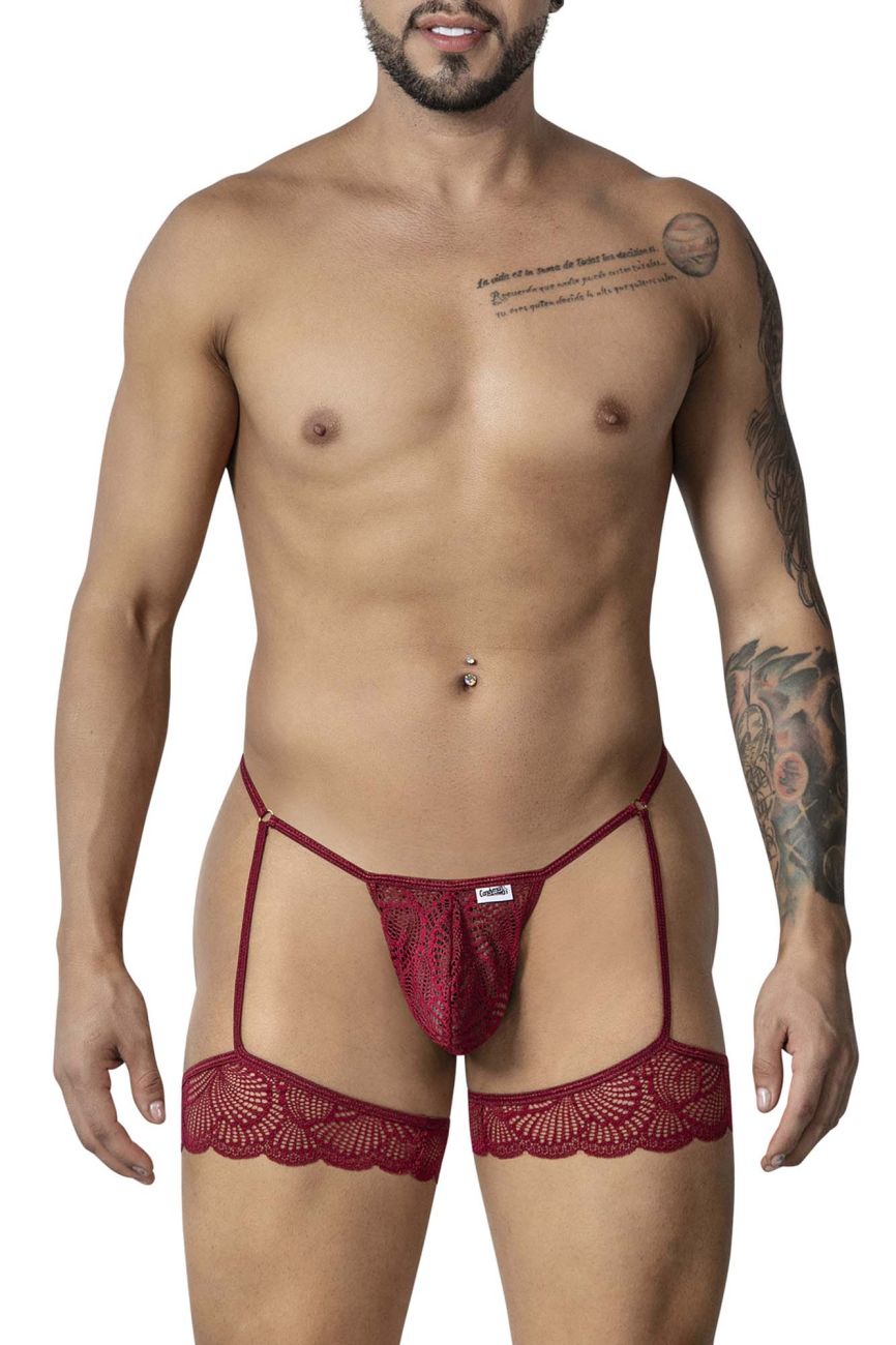Red lace garter belt with matching thong in burgundy from candyman 99906 lingerie set