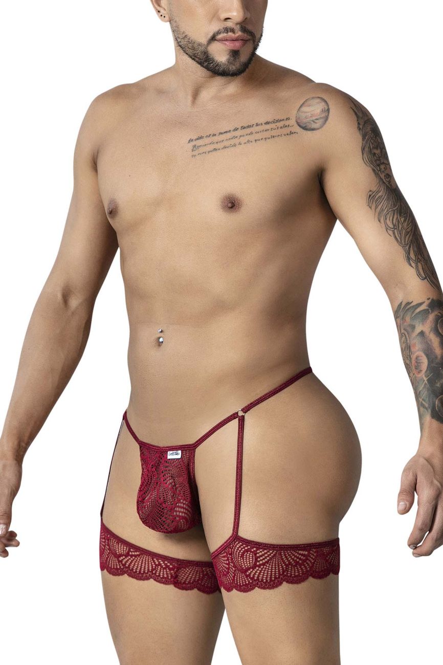 CandyMan 99906 burgundy garter lace thong with matching straps in red lace shown from the back side