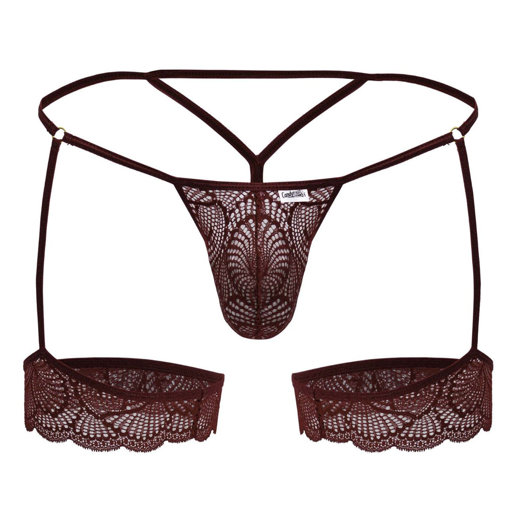 Dark brown candyMan 99906 garter lace thong with matching suspenders and scalloped edge detailing