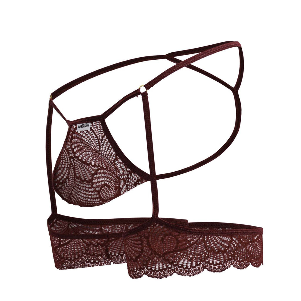 CandyMan 99906 garter lace thongs in burgundy with intricate floral patterns and thin adjustable straps