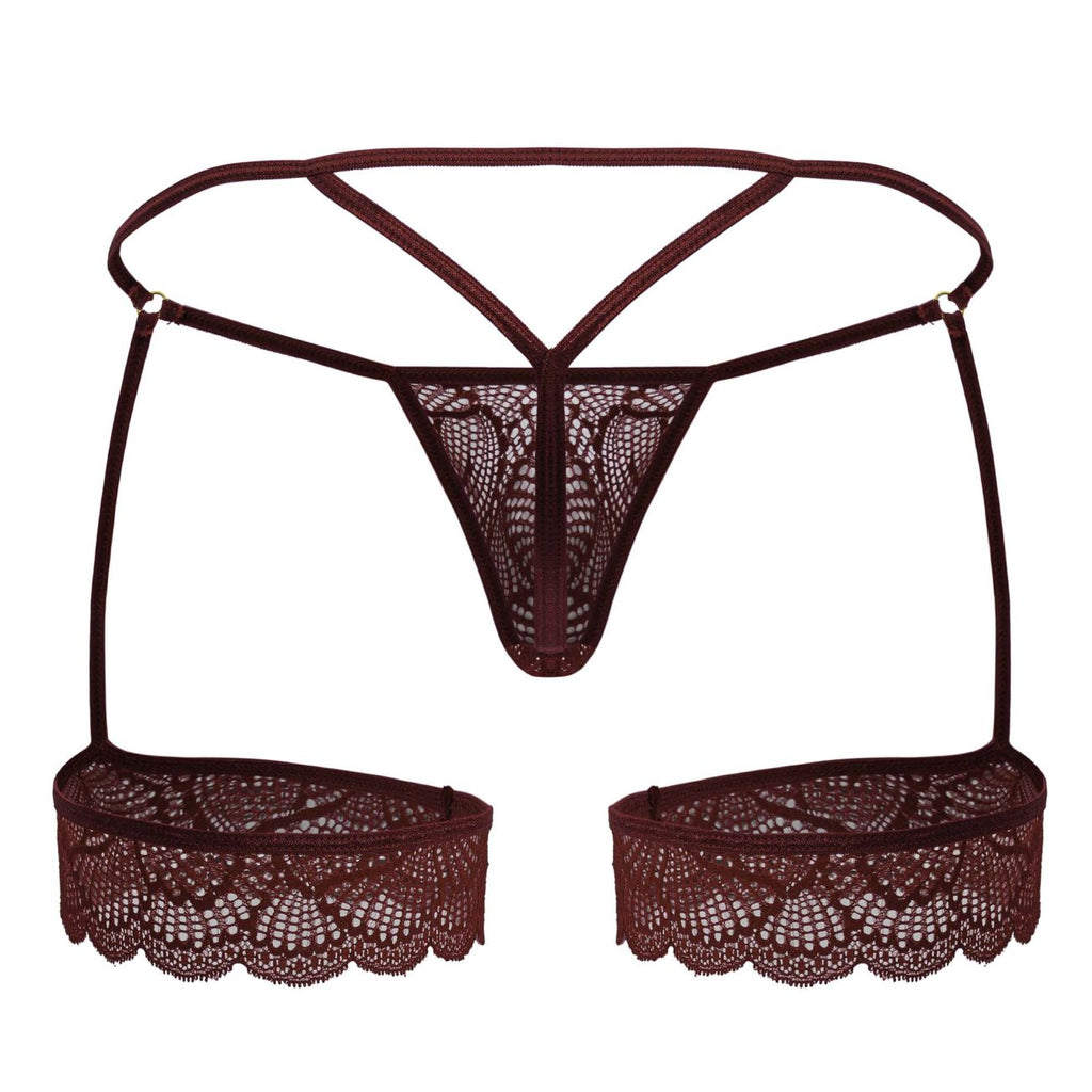 Dark burgundy candyMan 99906 garter lace thong with scalloped hem and adjustable straps in lace material