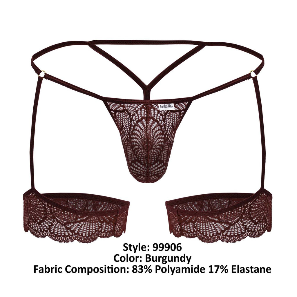 Burgundy lace thong with scalloped edges and matching suspenders from CandyMan 99906 garter lace thongs collection