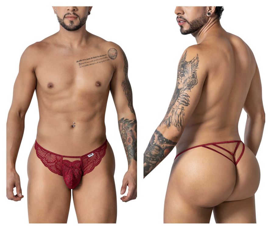 Burgundy lace thong with a decorative front bow from candyman 99910 featuring delicate lace material